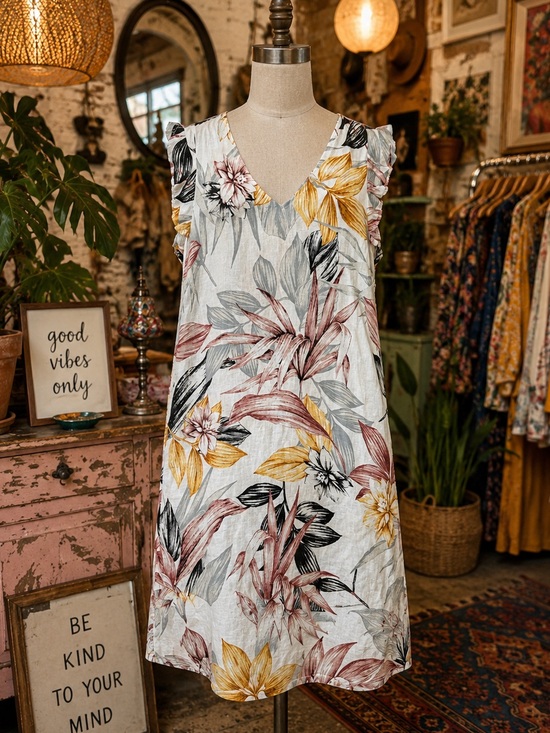 C&C California Dresses & Skirts - C&C California 100% Linen Floral Shift Dress Women’s Medium Pink Yellow Tropical